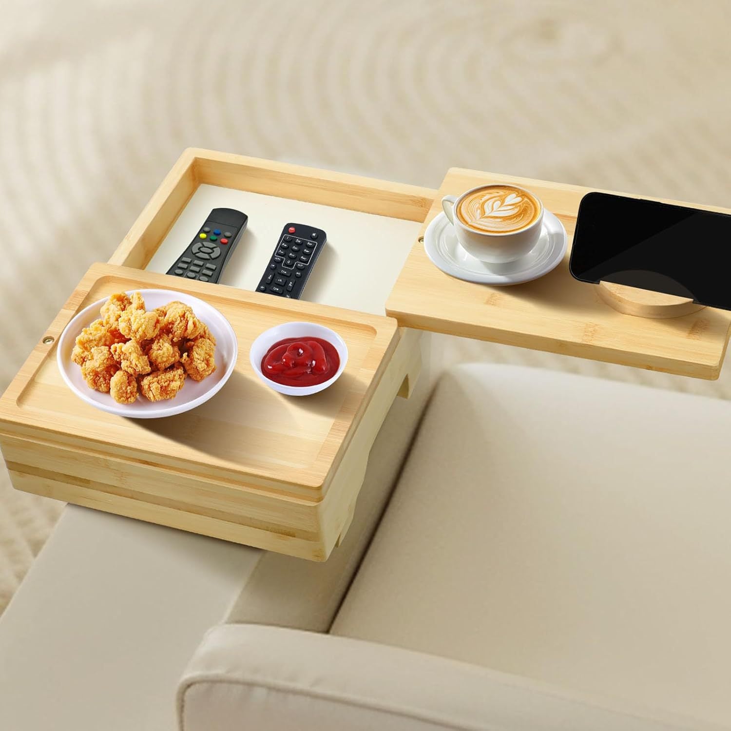 Bamboo Sofa Armrest Tray with 360° Rotating Phone Holder & Storage