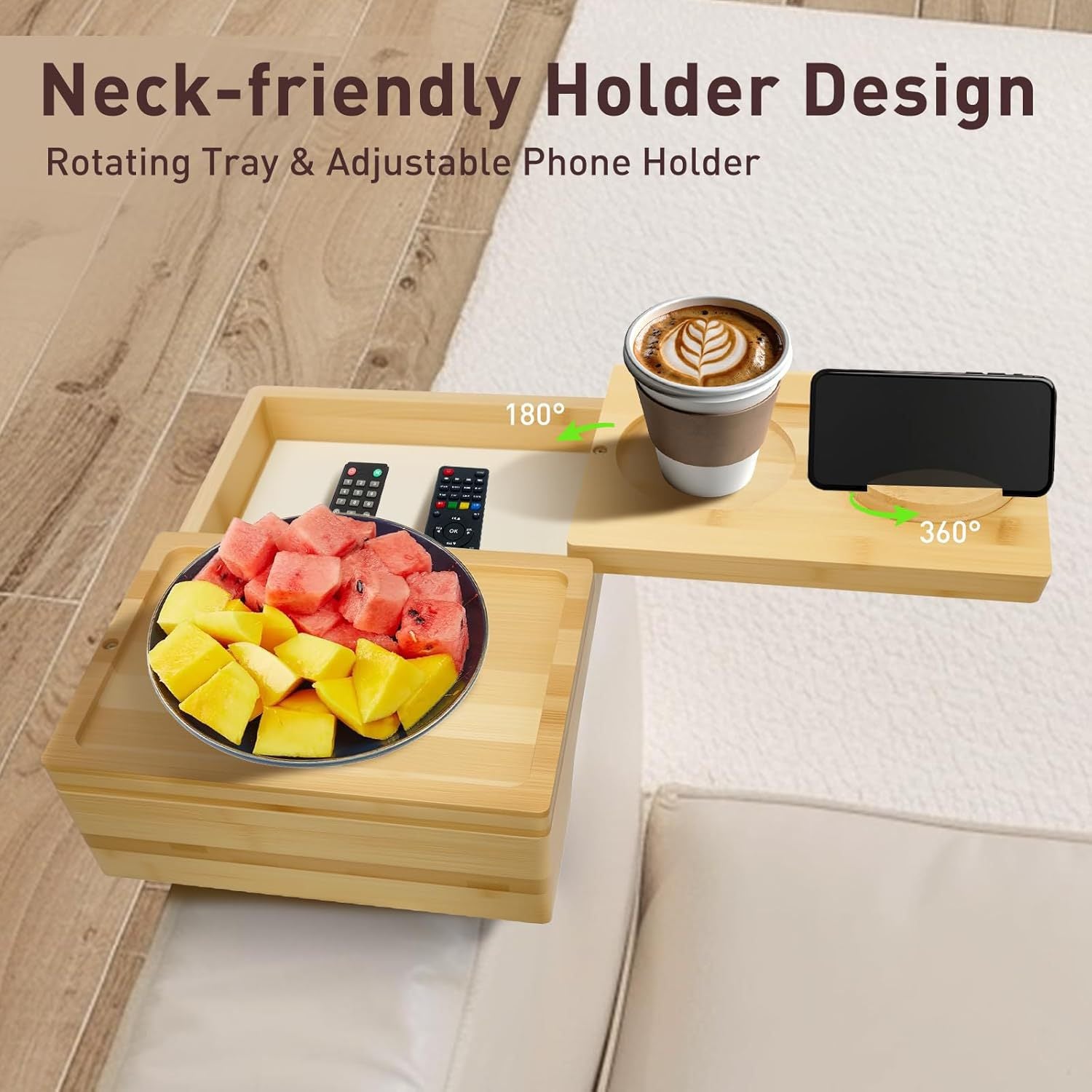 Bamboo Sofa Armrest Tray with 360° Rotating Phone Holder & Storage