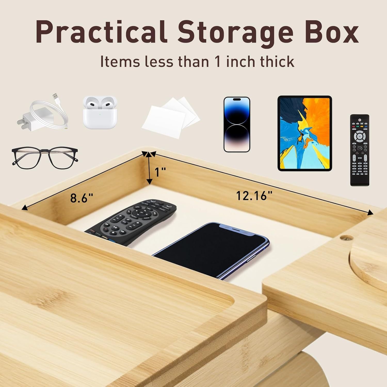 Bamboo Sofa Armrest Tray with 360° Rotating Phone Holder & Storage