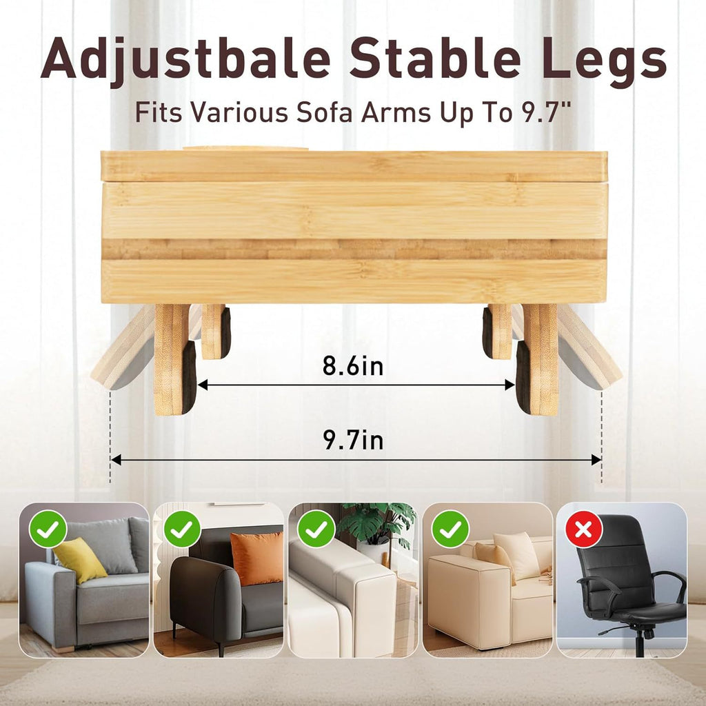 Bamboo Sofa Armrest Tray with 360° Rotating Phone Holder & Storage
