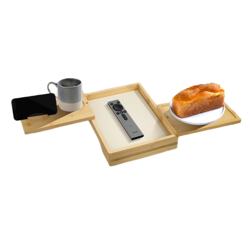 Bamboo Sofa Armrest Tray with 360° Rotating Phone Holder & Storage
