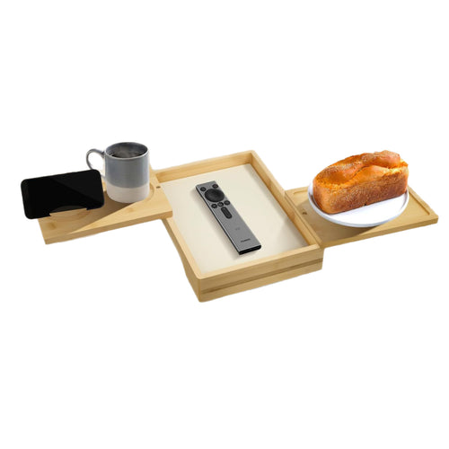 Bamboo Sofa Armrest Tray with 360° Rotating Phone Holder & Storage