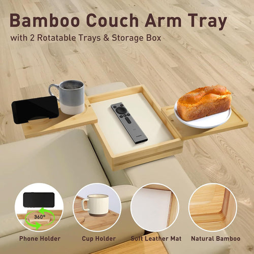 Bamboo Sofa Armrest Tray with 360° Rotating Phone Holder & Storage
